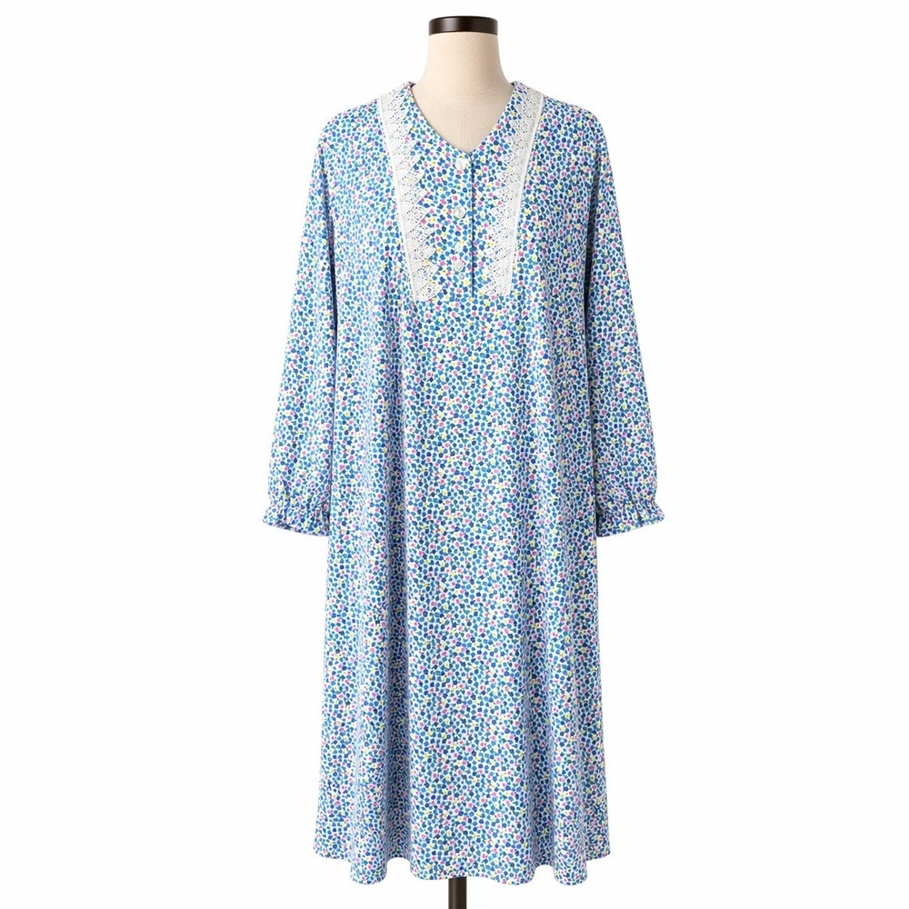 Vintage Handmade Ditsy Floral Lace Maxi Nightgown Sz XL Blue Cottagecore Prairie